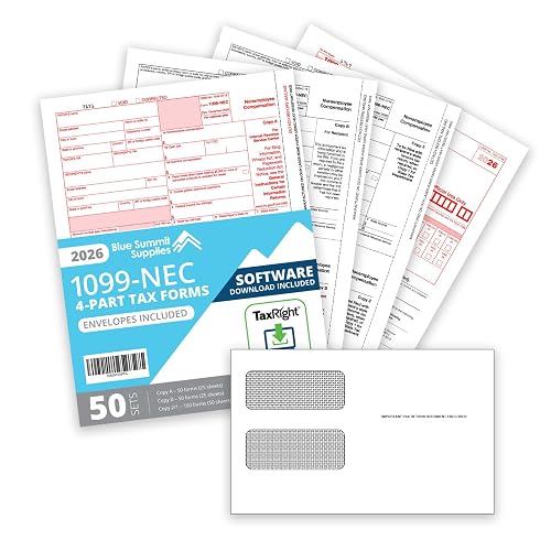 Blue Summit Supplies 1099 NEC 2026 Tax Kit, 50 Pk, TaxRight, Envelopes | 50 sets, report nonemployee pay, TaxRight software download, 3 1096 transmittals, self-seal envelopes, QuickBooks