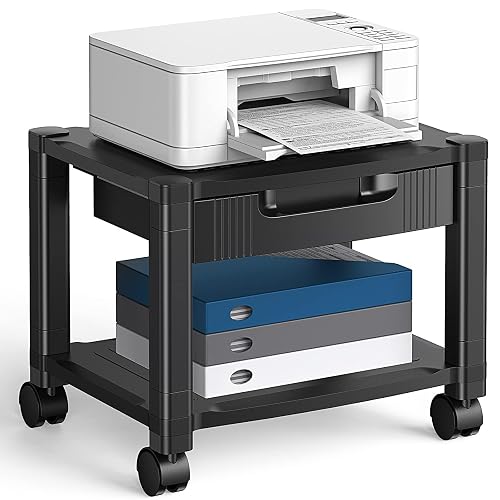 HUANUO Printer Stand with Storage Drawer, Locking Wheels, Under Desk Cart | Cable management, 17.2 x 13.2 inch top shelf, adjustable height, 38.5 lbs capacity, office storage, optional casters