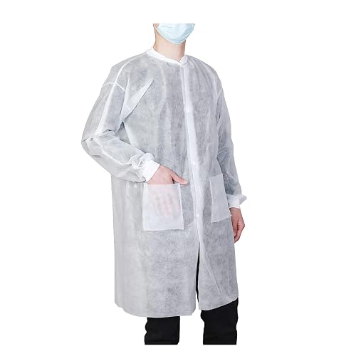 Cleaing Disposable Lab Coats, Pack of 10, with 2 Pockets for Adult | for Lab, Clinic, Cleanroom, Painting, Knitted Cuffs and Collar, Knee-length, Lightweight Non-woven, 5 Sizes
