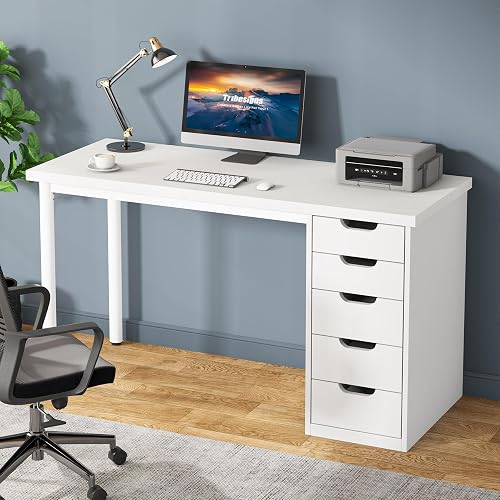 Tribesigns Computer Desk with 5 Drawers, 47 inches Rustic Brown Home Office Desk with Storage, Modern Simple Laptop Desk Study Writing Table for Small Spaces (1, White)