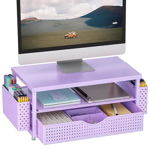 Monitor Stand with Drawer and 2 Pen Holders (Matte Purple) | Monitor Riser Desk Organizers and Accessories Desktop Organizer Suitable for Offices and Dormitories