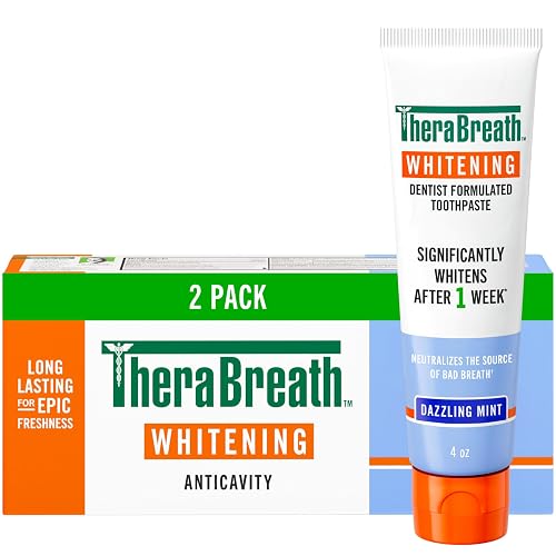 TheraBreath Whitening Toothpaste, Dazzling Mint, 4 oz, 2-Pack | Gentle Peroxide-Free, Teeth Whitening In 1 Week, With Fluoride, Anticavity Protection