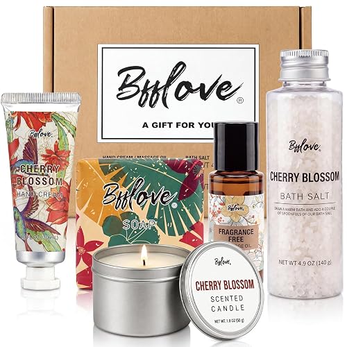 Spa Gifts Set for Women, 5pcs Cherry Blossom Self Care Gifts for Her | Bath Gift for Mom, Wife with Massage Oil, Scented Candle, Bath Salts, Hand Cream, Soap for Halloween, Christmas Gifts