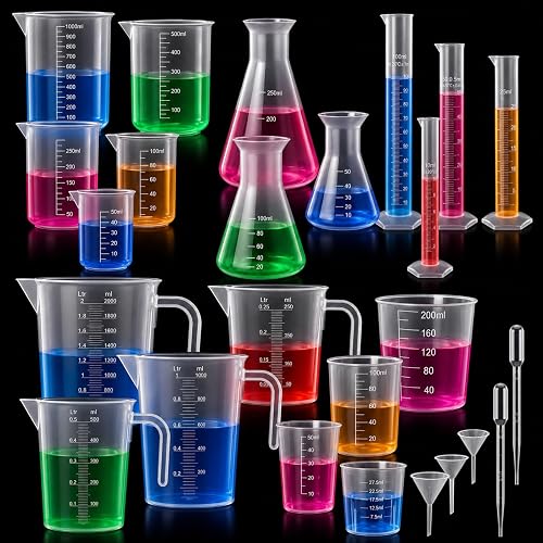 Saysurey 33 Pcs Beakers Test -tubes Set Plastic Measuring Cups Graduated Cylinders Long-tube Funnels Plastic Flasks Fish Bait Measuring Cup Straight-handled Cups Droppers for Science Lab DIY