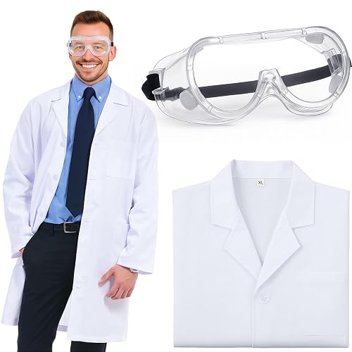 Tivi Tovo 2 Pcs Lab Coat and Goggles Costume Set Halloween Cosplay | Doctor Scientist Costume Set, Lab Coat and Goggles for Halloween Parties, Cosplay Events, Chemistry Themes and Dress Up