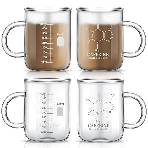 Hsei 4 Pack Beaker Mug, 16 oz Borosilicate Glass Coffee Cup, Caffeine | Molecule Print, Borosilicate Glass, Chemistry Lab Science Gift, Graduated Marks, Handle Grip, Hot Cold Drinks