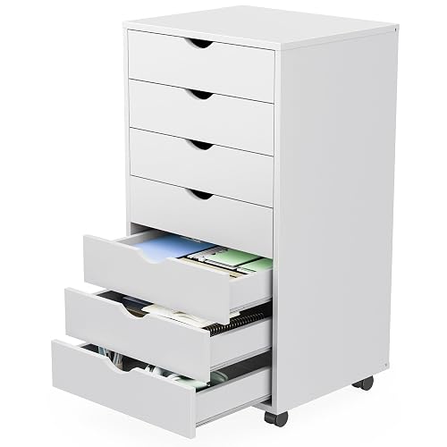 Sweetcrispy 7 Drawer Rolling Storage Cabinet with Wheels, Wood Organizer | Fits Under Desk Dresser Chest for Home Office, Bedroom, Small Place, Living Room White