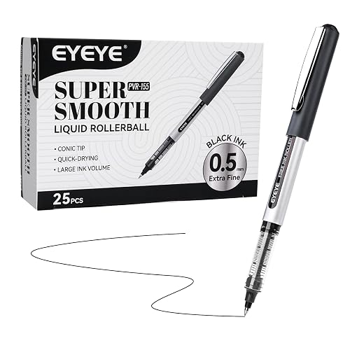 EYEYE Liquid Ink Rollerball Pens Black, 0.5mm Extra Fine Point, Pack of 25 | Quick Dry, Liquid Ink Roller Ball Pen Fine Point Smooth Writing Pens for Journaling, Note Taking, Office, School Supplies