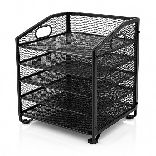 Ekisemio 5-Tier Desk Organizers and Accessories, Paper Letter Tray Organizer with File Holder, Desktop Organizer for Office Supplies, Black