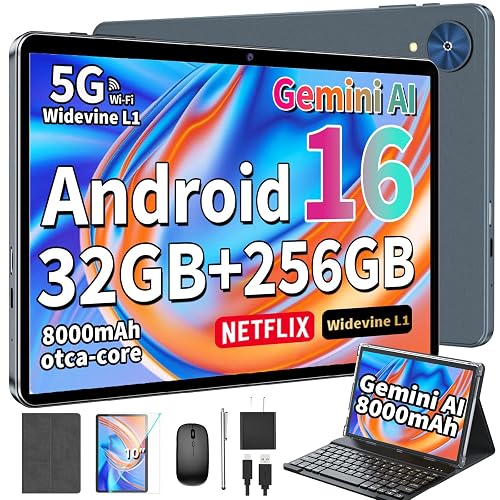 Tablet, 10 Inch Android 16 Tablet with Keyboard, Gemini AI, 32GB+256GB+2TB | 10 inch Tablet with 8-Core, WiFi, 8000mAh, Electronic Tablet with Case/Mouse/Stylus, Tablet for Students & Business (Silver)
