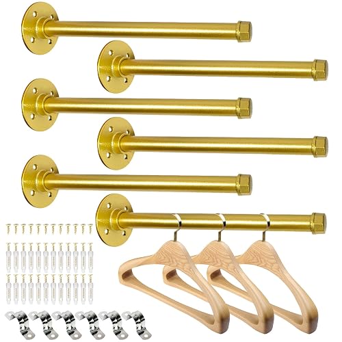 Pintuson 12 Inch Industrial Pipe Clothes Bars, Heavy Duty Wall Mounted Clothes Rack for Hanging Clothes, Closet & Laundry Room Storage, Boutique & Retail Display, DIY Shelf Brackets, Gold, 6 Pack