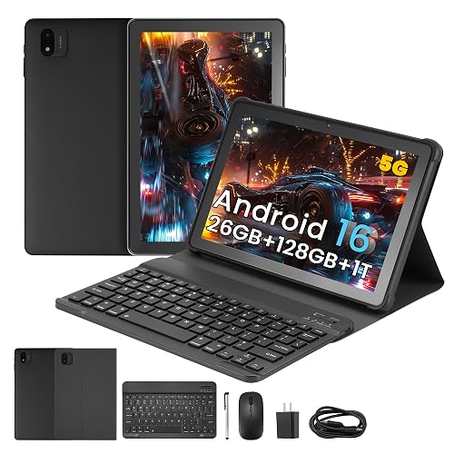 Android 16 Tablet, 10.1" HD IPS, 26GB RAM, 128GB ROM, WiFi 6, BT 5.4, Black | 2-in-1 tablet keyboard, mouse, stylus & case. Features IPS, 1TB expandable storage, WiFi, GPS, BT. Great for work & learning