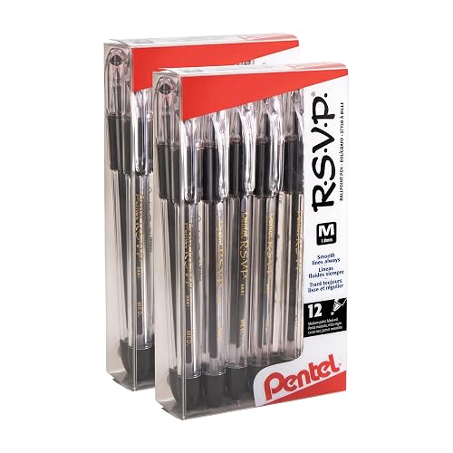 Pentel RSVP Ballpoint Pen, (1.0mm), Medium Line, Black Ink, (BK91PC12A) 12 Count (Pack of 2)