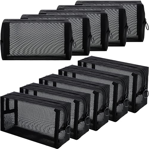 Frienda 10 Pcs Mesh Makeup Bags with Zipper Lightweight Mesh Cosmetic Bags | Portable Mesh Travel Organizer Bag, Black Mesh Toiletry Bag, for Daily Home Offices Travel Accessories Organizer
