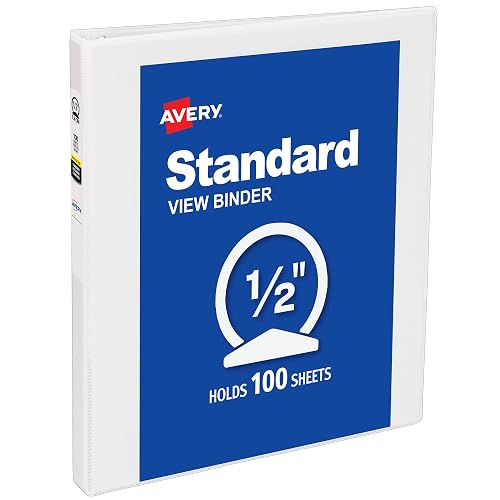 Avery® Standard View 3 Ring Binder, 0.5" Round Rings, 1 White Binder | For School, Home and Everyday Organization, Clear View Covers, Interior Storage Pockets, PVC-Free Pockets, Lay-Flat Pages