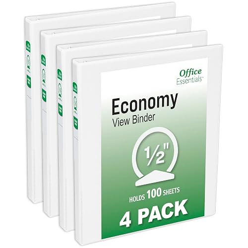 Office Essentials 0.5" Standard View Binders, 4 White Binders | A practical choice for school, home and everyday organization with dependable performance at a great value