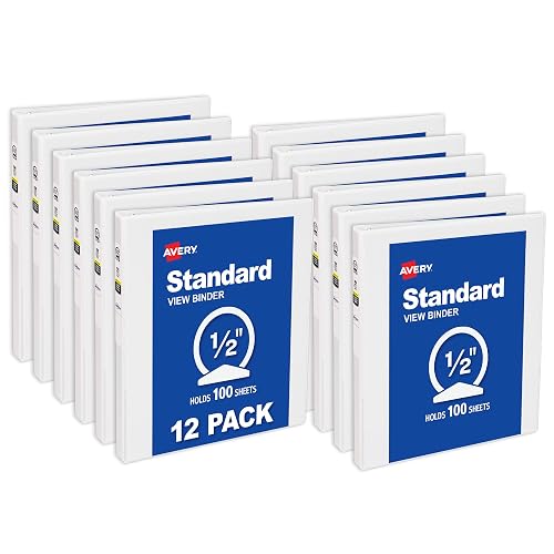 Avery® Standard View 3 Ring Binders, 0.5" Rings, 12 White Binders | For School, Home and Everyday Organization, Clear View Covers, Interior Storage Pockets, Nonstick Pockets, Lay-Flat Pages