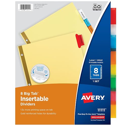 Avery Big Tab Insertable Dividers, 8-Tab, Multicolor, 1 Set | For Organizing Reports and Projects, Printable Insertable Tabs, Gold-Reinforced Holes, Works With Avery Templates
