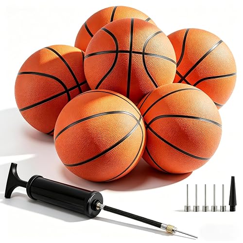 SIKEMAY 6 Pack Bulk Basketballs Official Outdoor Indoor for Men Adults, Inflatable Basketballs Teens Rubber Street Ball with Pump & Needles Set for Basketball Games Training Competition