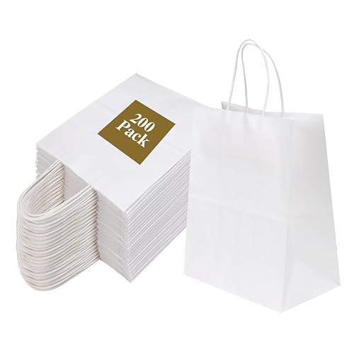 Joybe 200 Pack 8x4.75x10 Inch Medium White Kraft Paper Bags with Handles Bulk, Craft Paper Gift Bags for Party Favors Grocery Retail Shopping Business Goody Merchandise Take Out Blank Sacks (200pcs)