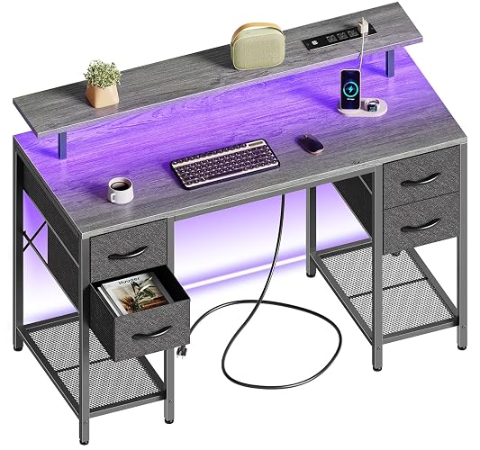 Huuger 47 inch Computer Desk with Power Outlets & 4 Drawers | Gaming Desk with LED Lights, Home Office Desk with Large Storage Space for Bedroom, Work from Home, Grey