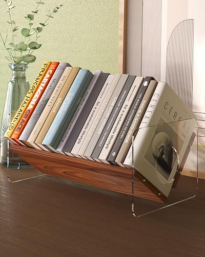 Slanted Book Shelf Rack with Clear Acrylic Sides and Wood Grain Finish, Desktop Bookshelf Organizer, Small Tabletop Bookcase for Desk Book Storage and Display, Office Home Countertop, Walnut Brown