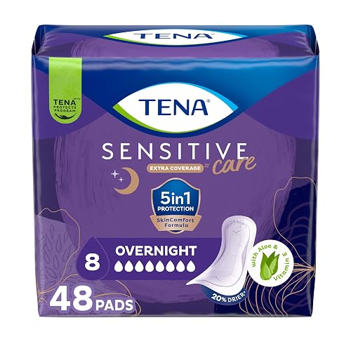Tena Sensitive Care Overnight Incontinence Pads Women, Extra Coverage, 48ct | Made for sensitive skin, these bladder control pads help prevent leaks and irritation for comfortable, secure overnight use