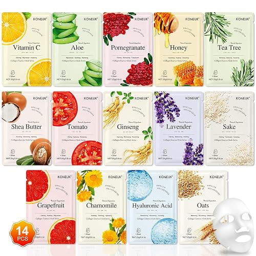 KONEUK 14 Pack Sheet Face Masks Skincare, Hydrating Face Masks for Dry Skin | Bulk Facial Mask Set for Women Skin Care, Face Mask Gifts Set for Face Spa