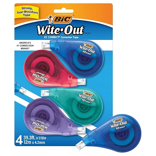 BIC Wite-Out Brand EZ Correct Correction Tape, 39.3 feet, 4-Count Pack of White Fast, Clean and Easy to Use Tear-Resistant Tape Office or School Supplies