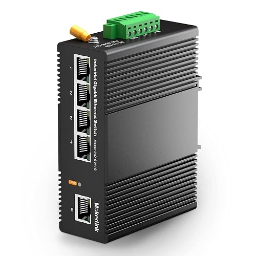MokerLink 5 Port Gigabit Industrial DIN-Rail Ethernet Switch, 14Gbps Switching Capacity, IP40 Rated Network Switch (-40 to 185°F), with UL Power Supply