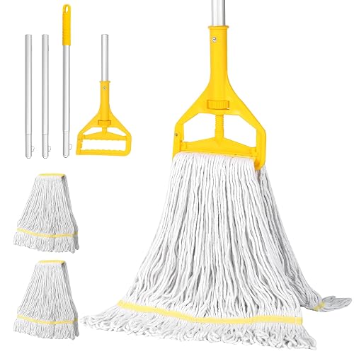 Commercial Mop Industrial Heavy Duty Mop-3 Extra Large Cotton Looped Heads | 61 Aluminum Handle Mops for Concrete/Tile/Garage Floors-Home, Kitchen