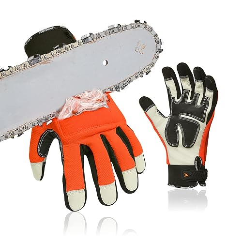 Vgo... Leather Chainsaw Gloves,Left-hand Saw Protection(CA9759CS,XL) | Orange,cowhide,saw protection EN ISO 11393-4 level 1,forestry,logging,tree felling,arborist,wood cutting,firewood,farm