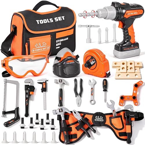 Kids Tool Set, Toddler Tool Set Toys with Electronic Toy Drill, Tool Bag&Tool Belt&Tape Measure, Pretend Play Kids Toys Construction Tool Kits, Christmas Birthday Gift for Boys Girls Ages 3+