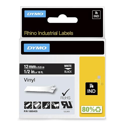 DYMO Rhino Industrial Vinyl Labels 1/2" White Print on Black Tape | DYMO Label/Marker Supply, 1/2-Inch, Rhino Industrial Vinyl Labels 1/2" White; Dependable jobsite and maintenance supply