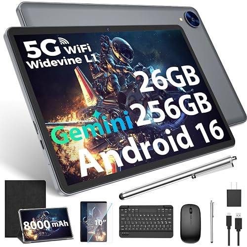 Android 16 Tablet with Keyboard, 10 inch Tablet with 26GB+256GB+2TB Expand | 2026 Gemini AI Tablet PC with 8-Core, 5G WiFi, 8000mAh, GPS, GMS, Electronic 2 in 1 Tablet with Case, Mouse, Stylus (Black)