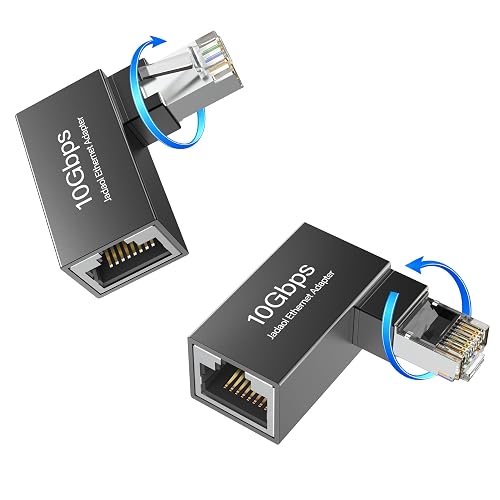 Jadaol 10Gbps 360° Rotatable Cat6A RJ45 Adapter, Shielded, PoE, 2-Pack | Right Angle Cat6A RJ45 Ethernet Adapter, Male to Female for Routers, Switches, Computers, Gaming Consoles and Tight Spaces