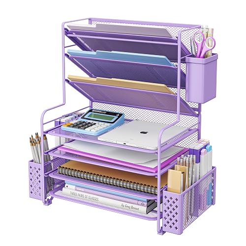Simple Trending 7 Tier Desk File Organizer, Letter Tray Paper Organizer with Pen Holder and Metal Hanging Basket, Purple