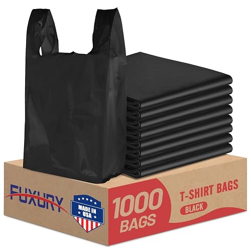 Fuxury 1000 Count Black Plastic Grocery Shopping T-shirt Bags with Handles | 11.5" x 6.5" x 21" Trash, Take Out, Restaurants,To Go, Retail Bags in Bulk for Small Business (Made in USA)