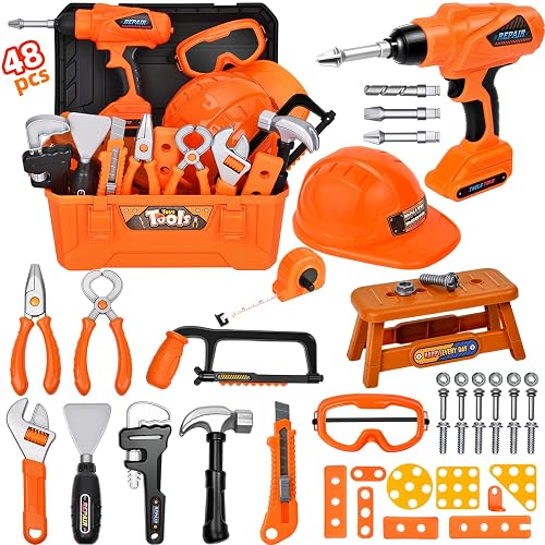 48 PCS Kids Tool Set with Hard Hat & Toolbox, Realistic Children Toy Drill | Pretend Play Construction Toys with Safety Goggles, Educational STEM for Boys Girls Ages 3-8, Durable Storage Box