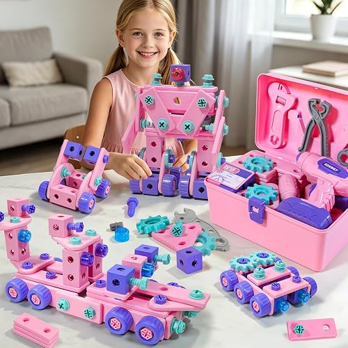 Kids Tool Set for Girls, Electric Drill Toy, DIY Building Blocks Screw Nut Assembly STEM Construction Kit, Pretend Play Repair Toolbox, Educational Learning Toy Gift for 3 4 5 6 7 8 Year Old Girls