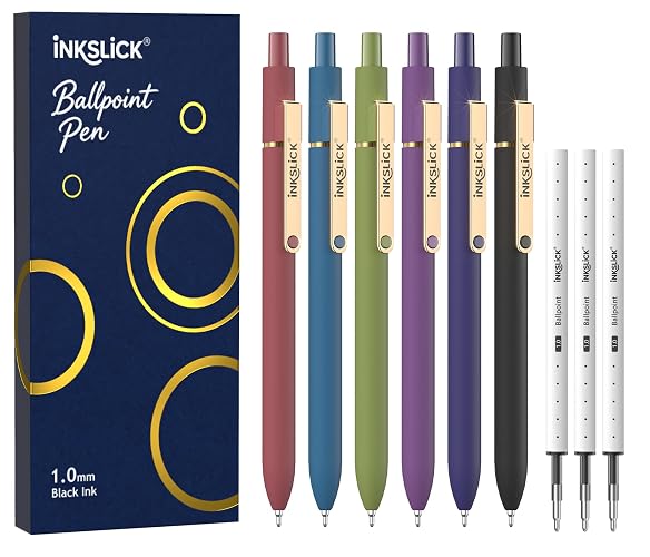 INKSLICK Ballpoint Pen Black Ink - 6 Pcs Smooth Writing Pens and 3 Refills | 1mm Medium Point Retractable Ball Pen for Office, School Supplies, Journaling & Note Taking, for Nurses, Teachers (Vintage)