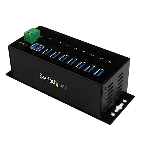StarTech 7-Port Industrial USB 3.0 Hub 5Gbps, ESD Surge, TAA (ST7300USBME) | Metal housing, 15kV ESD and 350W surge protection, DIN rail wall desk mountable, USB expander hub