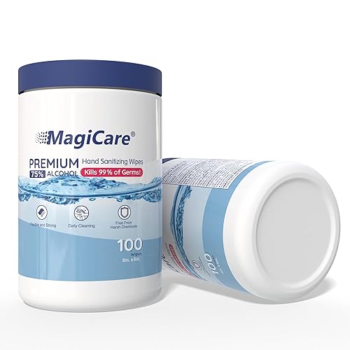 MagiCare 75% Large Alcohol Wipes (2, 100ct Canisters), Hand Sanitizer Wipes | 200ct, Unscented Hand Wipe, Cleaning, Sanitizing Wipe - Home, Office, Classroom, Car, Camping
