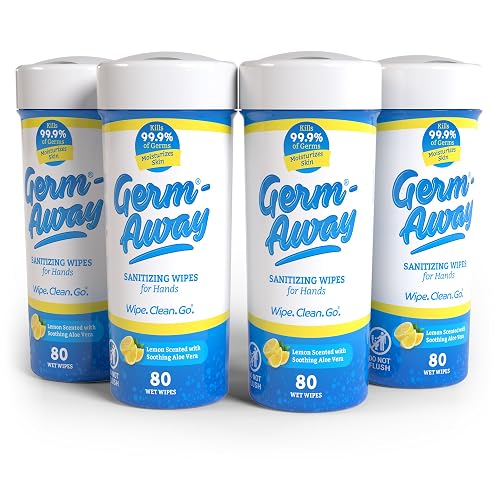 Germ-Away Antibacterial Hand Wipes, Kills 99.9% of Germs on Skin, BZK Antiseptic Wipes with Aloe Vera, Lemon Scent, Cup Holder Friendly, 80 Count Each, Pack of 4