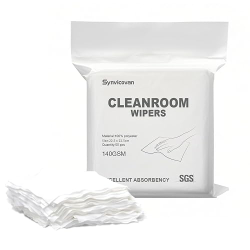 Synvicovan Cleanroom Cloth Wipes 22.5×22.5cm,140GSM,Bag of 50 Pcs | 100% Polyester Wipers,Lint Free Cloths with Ultra-fine Filaments,Ultra-Soft Wipers,for Lab Electronics Auto and Industries