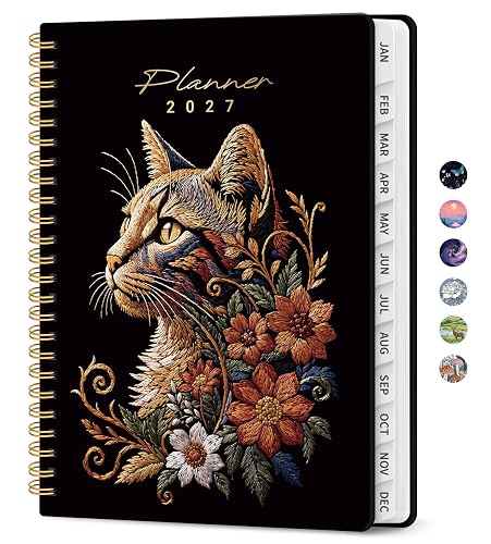 ZOTIA 2027 Planner, Jan 2027 - Dec 2027 Monthly & Weekly Calendar Planner | 6.3" x 8.5", Embroidered Feline Daily Agenda Planner with Tabs, Spiral Organizer for Office & School