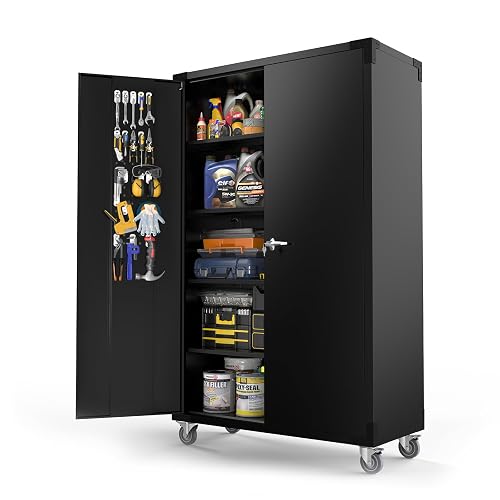 VINGLI Upgraded Wide & Deep Garage Storage Cabinet, Metal Storage Cabinet with Pegboards, Wheels, Locking Doors and Adjustable Shelves (Black, 43''W x 20''D x 72''H)