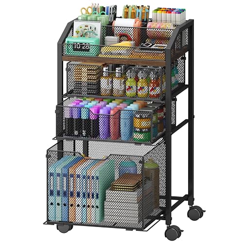 SWTYMIKI Rolling Utility Cart with Drawers - Under Desk Storage Cart with DIY Divider & Lockable Wheels, Multi-Functional Craft Art Supply Organizer for Office, Vanity, Craft Room & Studio Black