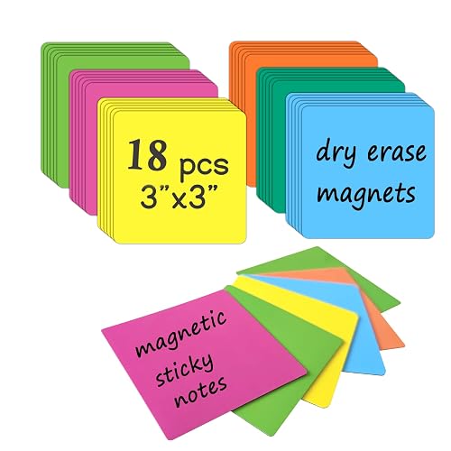 18 Packs, 3" x 3" Dry Erase Reusable Magnetic Sticky Notes, Magnets Labels, Widely Use to Post Notes for Whiteboard, Fridge, Locker, Cabinet, Door - Office & Classroom Supplies