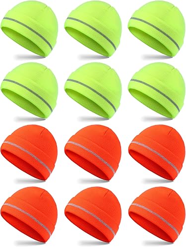 Handepo 12 Pcs Reflective Beanie Knit Hat Safety High Visibility Hat with Reflective Strip Hi Vis Men Outdoor Work Night Run
